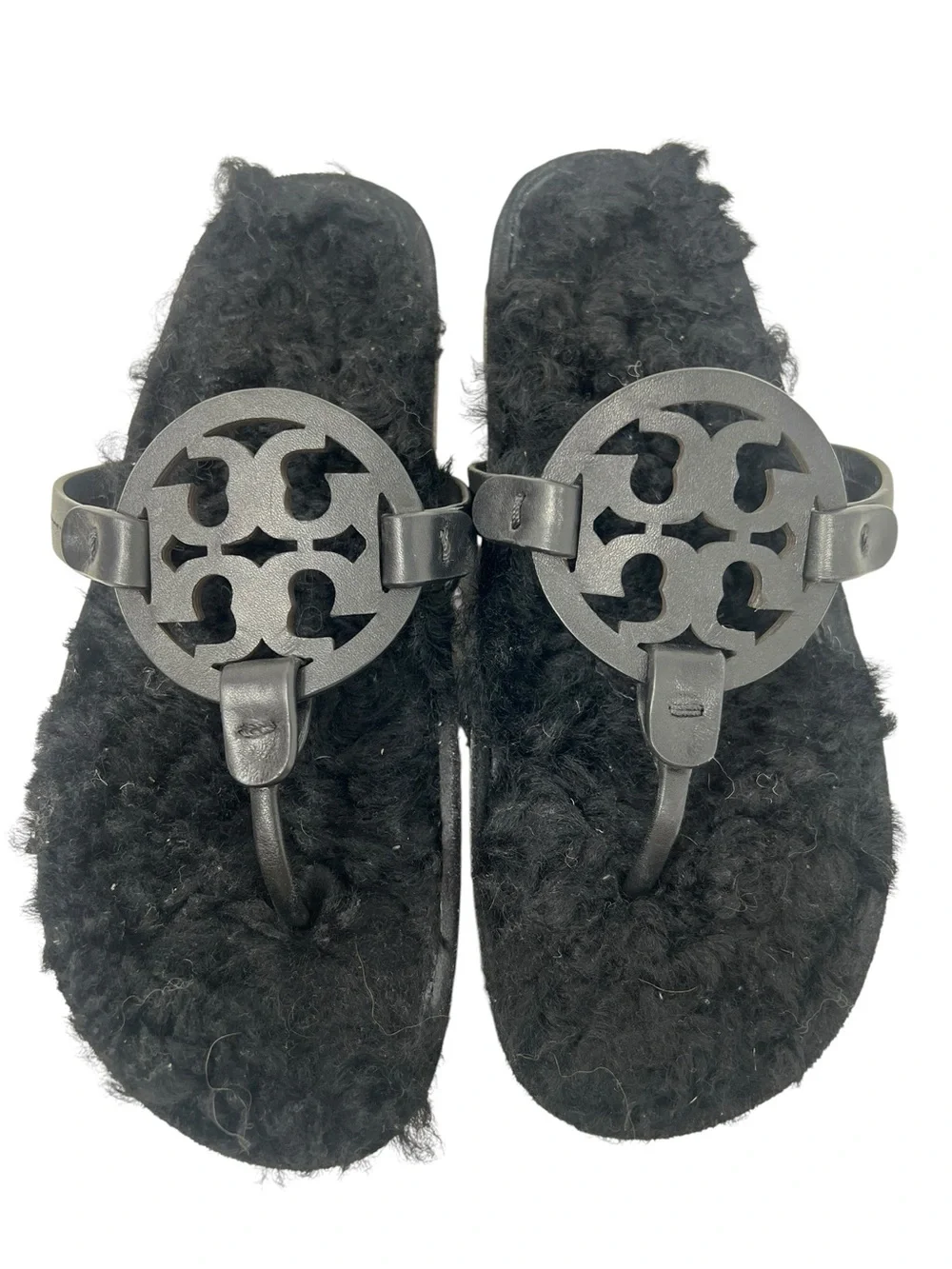 Tory Burch Black Furry Logo Thong Sandals